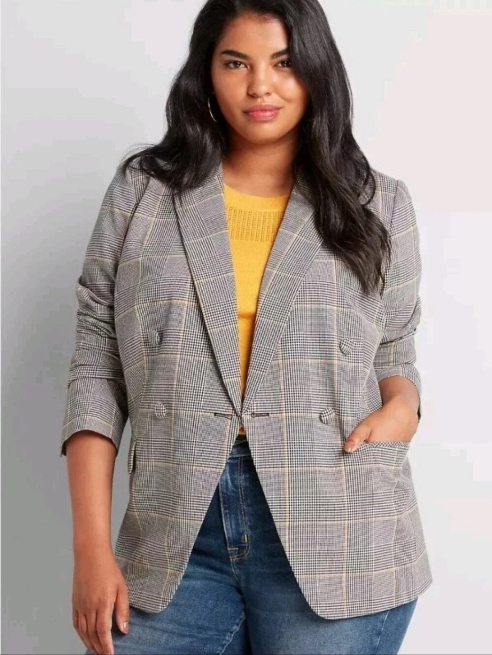 Lane Bryant Double Breasted Blazer Jacket Sz 16 Black Glen Plaid Unlined Nwt